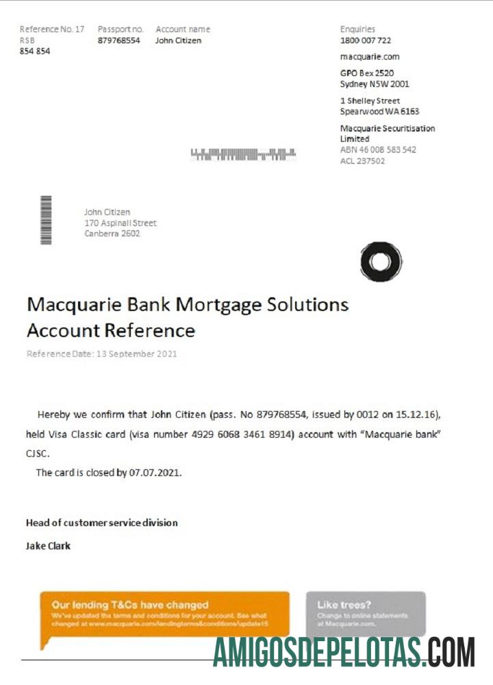 Referência de fechamento do Macquarie da Austrália exemplo real